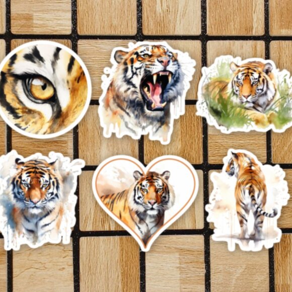 Watercolor Tiger Sticker Pack of 6 Vinyl Stickers Waterproof Sticker Set - Picture 1 of 4